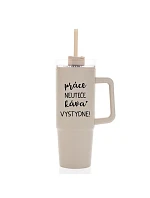 PRÁCA NEVYHOVUJE, KÁVA STOJÍ ZA TO! - béžový cestovný termohrnček s priehľadným viečkom 900 ml