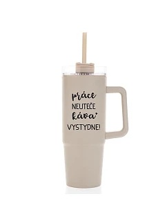 PRÁCA NEVYHOVUJE, KÁVA STOJÍ ZA TO! - béžový cestovný termohrnček s priehľadným viečkom 900 ml