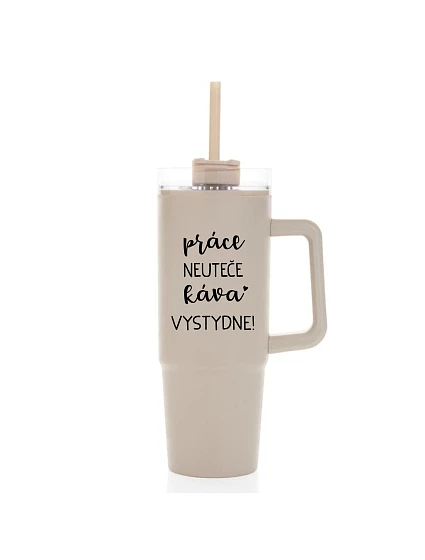 PRÁCA NEVYHOVUJE, KÁVA STOJÍ ZA TO! - béžový cestovný termohrnček s priehľadným viečkom 900 ml