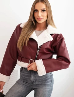 Dámsky pilot z ekokože s kožušinou a opaskom bordovej farby