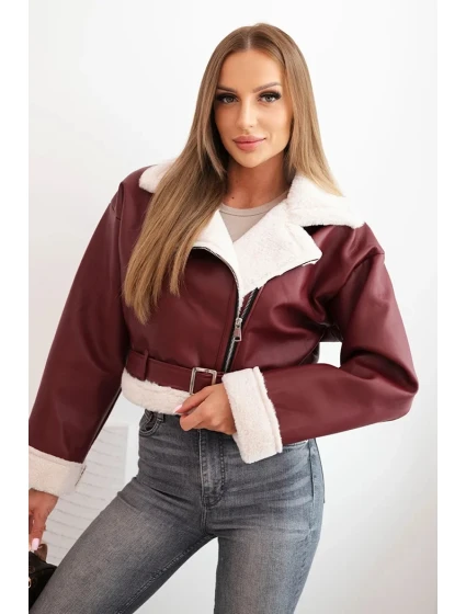 Dámsky pilot z ekokože s kožušinou a opaskom bordovej farby