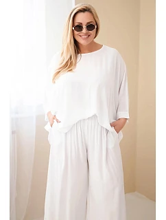 Dámský komplet Plus Size z viskózy se širokými kalhotami a halenkou bílý