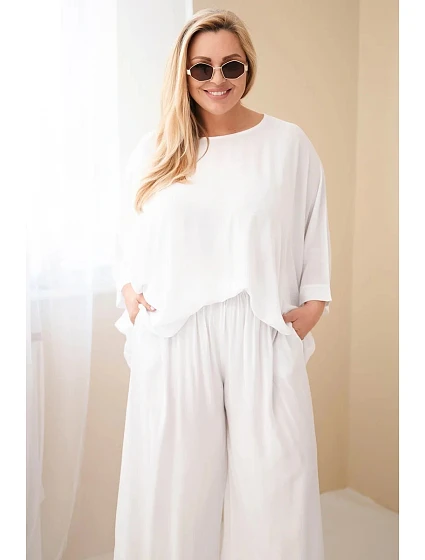 Dámsky set z viskózy v nadmernej veľkosti so širokými nohavicami a blúzkou White Dámsky set z viskózy v nadmernej veľkosti so širokými nohavicami a blúzkou White