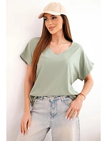 Dámska bavlnená blúzka s výstrihom do V a krátkymi rukávmi v khaki farbe