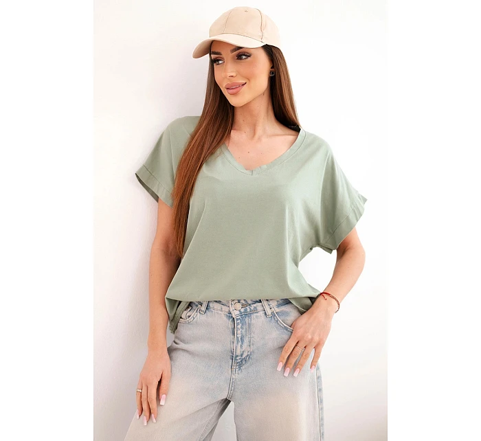 Dámska bavlnená blúzka s výstrihom do V a krátkymi rukávmi v khaki farbe
