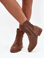 Botki Damskie Na Płaskim Obcasie Z Ażurowym Wzorem S.Barski HY52-530 Brązowe