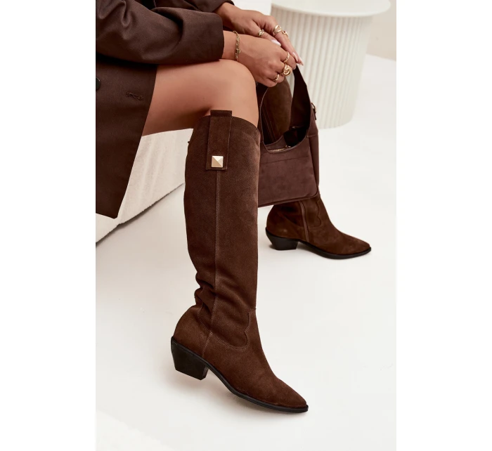 Kožené semišové kozačky cowboyové zateplené Zazoo 4224 čokoládové