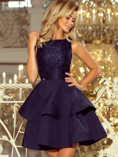 Tmavo modré dámske dvojito rozšírené šaty s čipkovou vrchnou časťou model 6408775