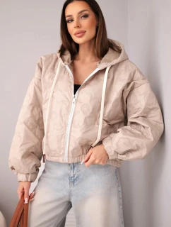 Dámska prešívaná bunda s kapucňou a ozdobným kvetinovým reliéfom tmavo béžová