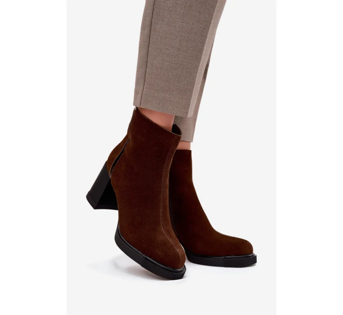 Botki Damskie Z Naturalnego Zamszu Na Słupku Ocieplane Vinceza 91141 Brązowe