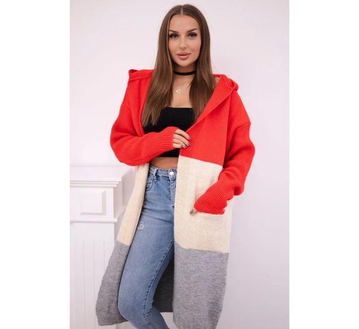 Pruhovaný sveter s kapucňou červený + béžový + sivý