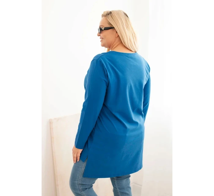 Dámská blůza Plus Size bavlněná s nápisem a výstřihem do V chabrová