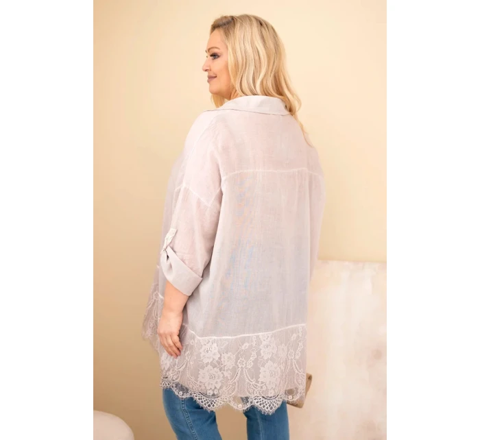 Dámske bavlnené tričko s čipkovaným lemom Plus Size Light Beige