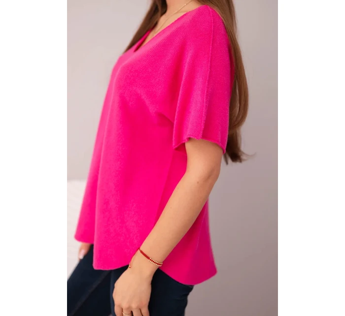 Dámský svetr s krátkým rukávem a výstřihem do V fuchsie