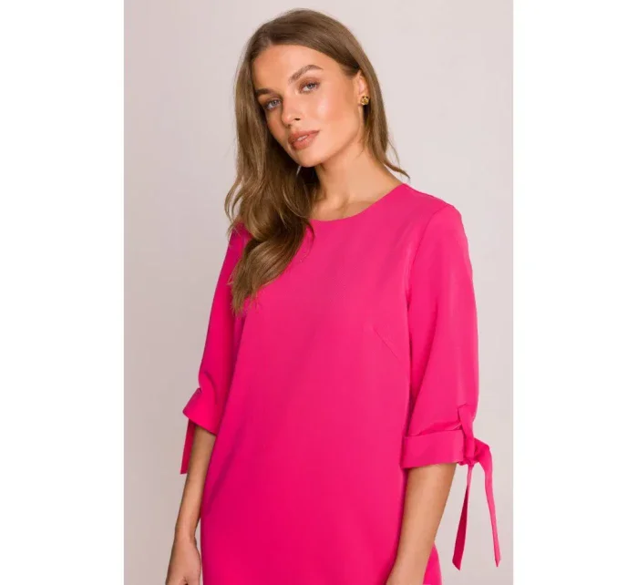 S393 Šaty áčkového strihu so zaväzovacími rukávmi - ružové
