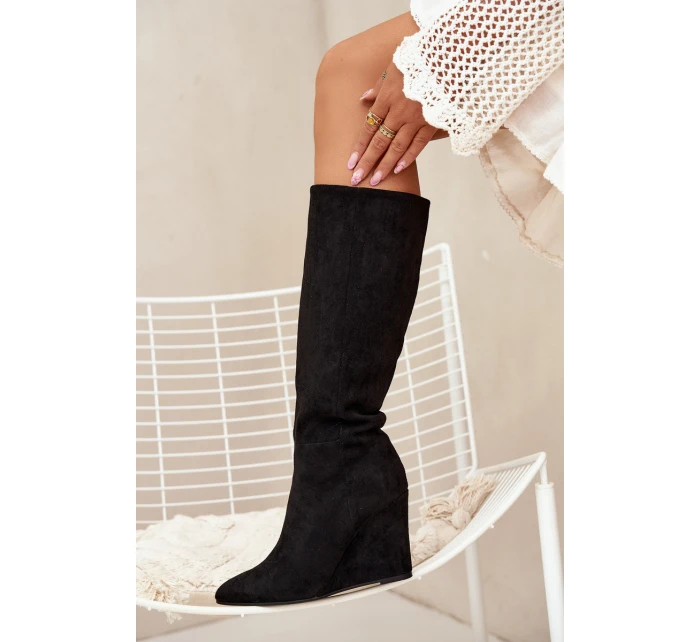 Ocieplane Kozaki Damskie Na Koturnie Czarne Rosina