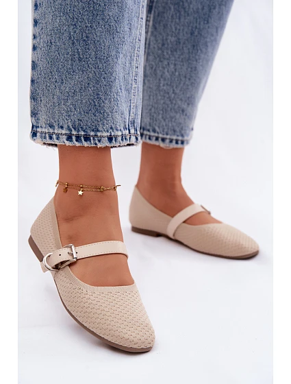 Materiálové Baleríny s Páskem a Přezkou Béžové model 22122495 - Boto