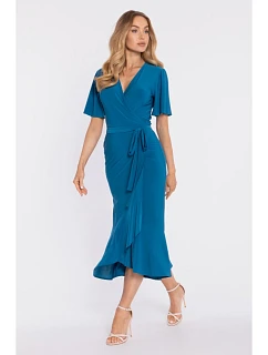 Zavinovací midi šaty s volánem a řasením  modré model 22040689 - Moe