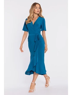 Zavinovací midi šaty s volánem a řasením  modré model 22040689 - Moe