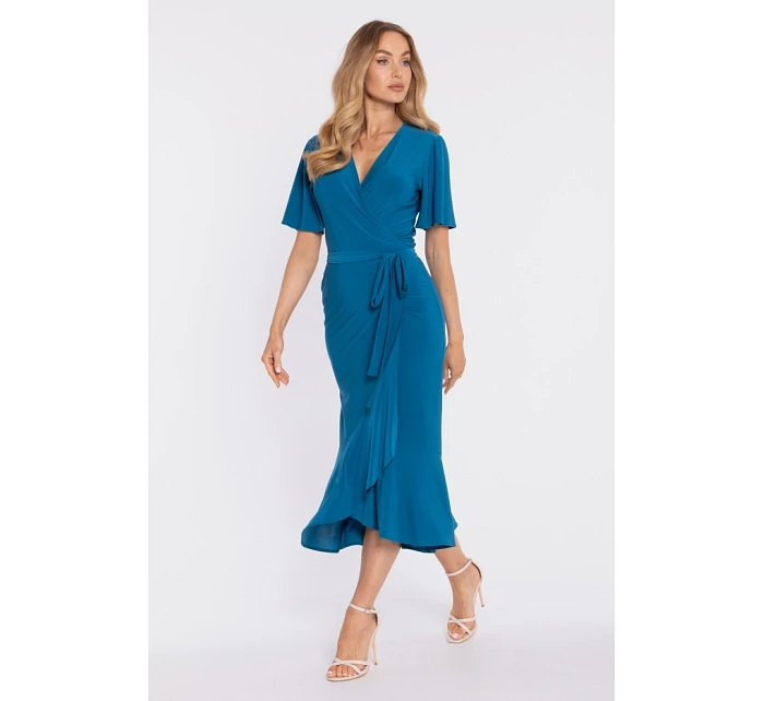 Zavinovací midi šaty s volánem a řasením  modré model 22040689 - Moe