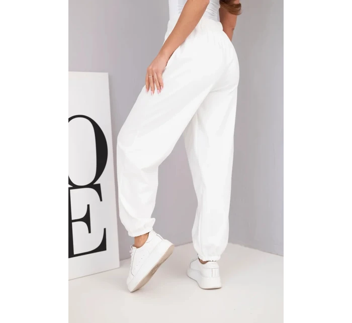 Dámské bavlněné kalhoty s vysokým pasem a ozdobným knoflíkem ecru