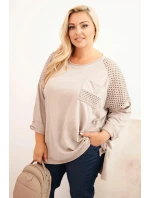 Dámská blůza Plus Size bavlněná s potiskem béžová