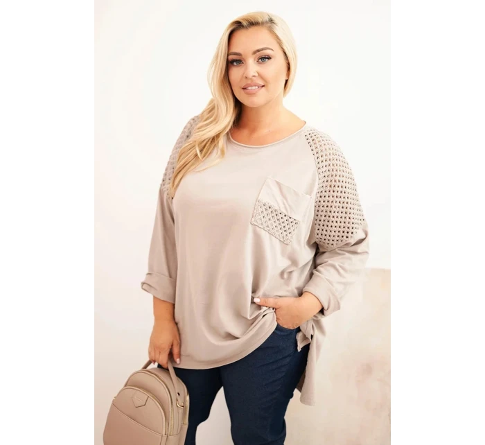 Dámská blůza Plus Size bavlněná s potiskem béžová