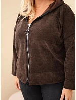 Dámská plus size manšestrová mikina s kapucí a zipem oversize hnědá
