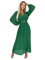 KLARA - Svetlo zelené dámske plisované šaty s výstrihom a opaskom 414-3