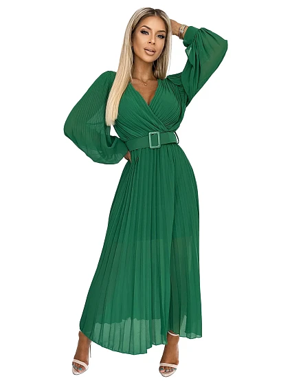 KLARA Světle zelené dámské plisované šaty s výstřihem a opaskem model 21109897 - numoco basic