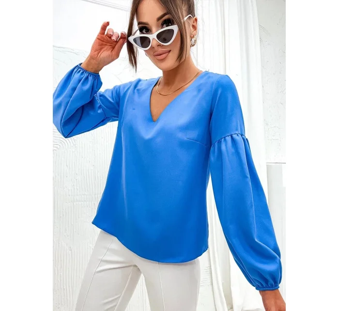 Svetlomodrá elegantná dámska blúzka s ozdobnými rukávmi (698)