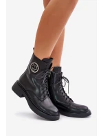 Skórzane Botki Workery Ocieplane Na Zamek Z Ozdobą Czarne Lorevine