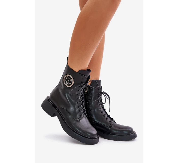 Skórzane Botki Workery Ocieplane Na Zamek Z Ozdobą Czarne Lorevine