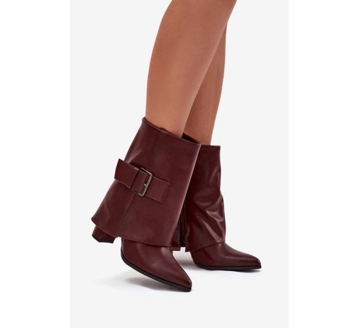 Ocieplane Botki Na Słupku Z Wywiniętą Cholewką I Klamrą Bordowe Ylenara