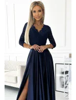 AMBER Tmavě modré dlouhé dámské šaty s výstřihem model 19006822 - numoco