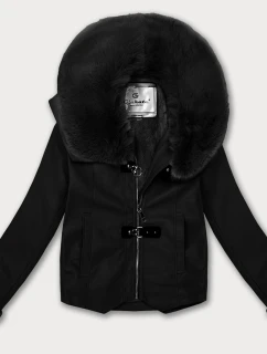 Čierna bunda z ekokože s kožušinovým golierom Glakate (LU98091#)
