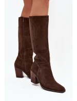 Semišové Kozačky Na Podpatku Zip Čokoládové model 21705071 - Boto