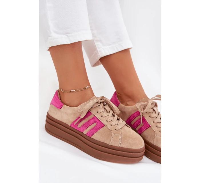 Sneakersy Damskie Na Platformie Z Naturalnego Zamszu Beżowo-Różowe Eldira
