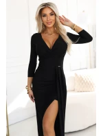 404-13 Elegantné dlhé šaty s obálkovým výstrihom a rozparkom - čierne
