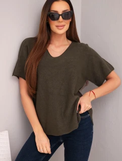 Dámská svetr s krátkým rukávem a výstřihem do V khaki