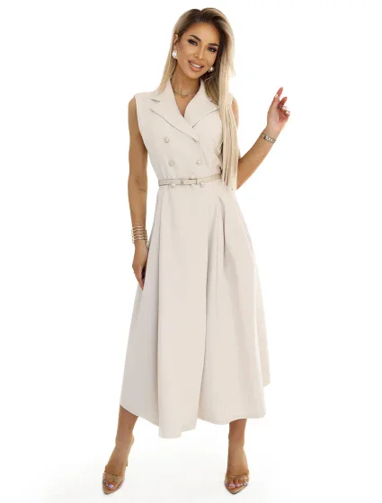model 21008334 Elegantní midi košilka se zlatými knoflíky a páskem BEACH - numoco basic model 21008334 Elegantní midi košilka se zlatými knoflíky a páskem BEACH - numoco basic