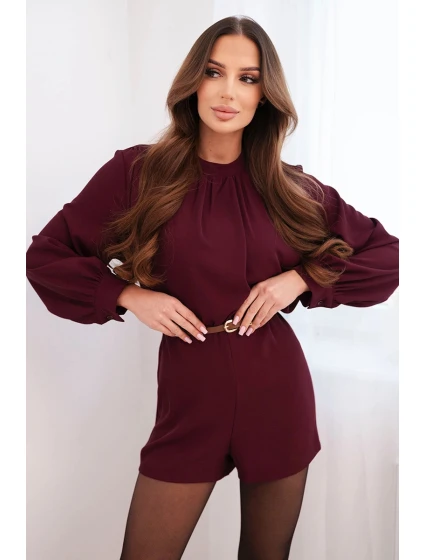 Elegantní dámský overal s páskem a dlouhým rukávem bordový Elegantní dámský overal s páskem a dlouhým rukávem bordový