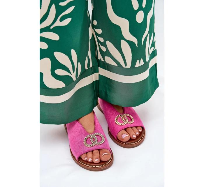 Sandały Damskie Z Ozdobą Na Płaskim Obcasie Eko Zamszowe Różowe Ralisses