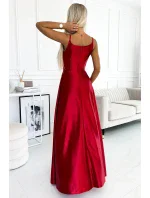 CHIARA Elegantní červené dlouhé dámské saténové maxi šaty na ramínkách model 18947471 - numoco