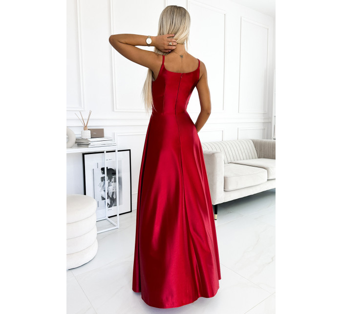 CHIARA - Elegantné červené dlhé dámske saténové maxi šaty na ramienkach 299-14