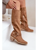 Zamszowe Kozaki Na Niskim Obcasie Z Cholewką Przed Kolano Zazoo 3444/O Camel