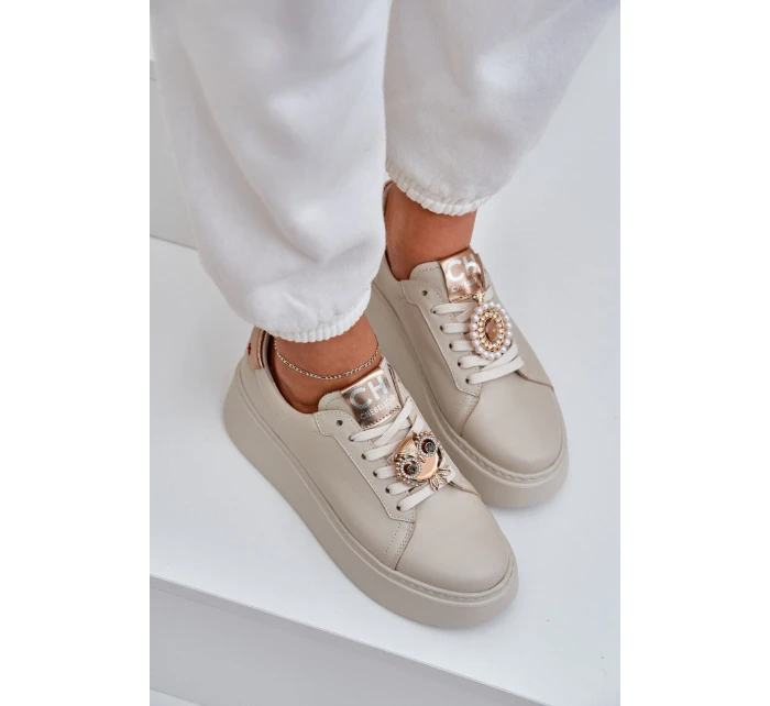 Dámské Kožené Tenisky model 21683829 Světle Béžové - CheBello