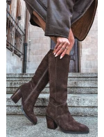 Semišové Kozačky Na Podpatku Zip Čokoládové model 21705071 - Boto