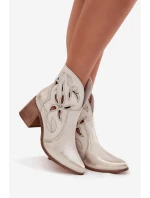 Botki Damskie Ażurowe Z Naturalnej Skóry Na Słupku Zazoo 3690 Złoty Przecierany