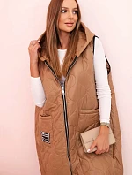 Dámske Plus veľkosť prešívaná vesta s kapucňou na zips Camel